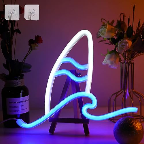 DWOOKE Surfbrett-Neonschild, LED-Wellen-Neonlichter für Wanddekoration, blaue Ozean-Neonschilder, batteriebetrieben oder USB-betrieben, Surfer, Strand, Neonlichter für Schlafzimmer, beleuchtete von DWOOKE
