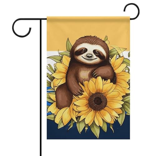 Cartoon-Faultier sitzend auf Sonnenblumen, Sommer-Gartenflagge, doppelseitig, 30,5 x 45,7 cm, Gartenflaggen, saisonale Willkommensflagge für den Außenbereich, Dekoration von DWTJKMS