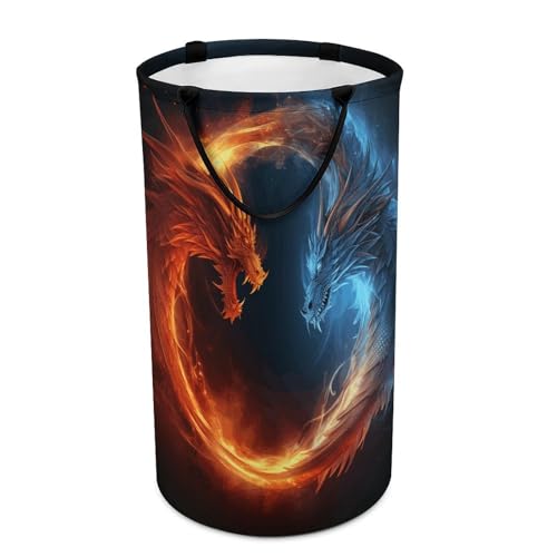 DWTJKMS Fire and Ice Dragons Wäschekorb, zusammenklappbarer Wäschekorb mit einfachen Tragegriffen, großer Aufbewahrungskorb für Waschküche, Wohnheim, Familie von DWTJKMS