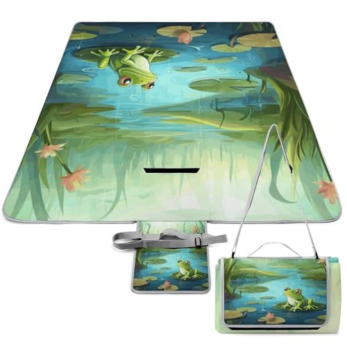 DWTJKMS Picknickmatte Frosch im Teich, faltbar, wasserdicht, mit Tragetasche, große Outdoor-Picknick-Matten, 147,3 x 147,3 cm, Campingdecke für Strand, Park, Reisen von DWTJKMS