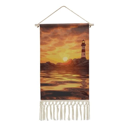 DWTJKMS Sea Lighthouse in Sunset Hanging Poster, Long Vertical Wall Hanging Tapestry with Tassel Wall Art Painting Prints Hanging Banner for Living Room, Hallway, Office 25,4 x 49,8 cm von DWTJKMS