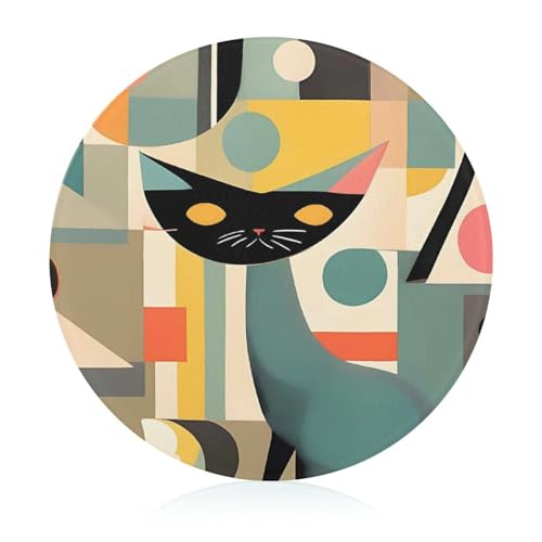 Mid-Century Katzenschneidebrett mit moderner Kunst, runder Schneideblock aus gehärtetem Glas, einzigartige Küchen-Schneidebretter für Pizza, Gemüse, Obst, Käse und Wurstwaren von DWTJKMS