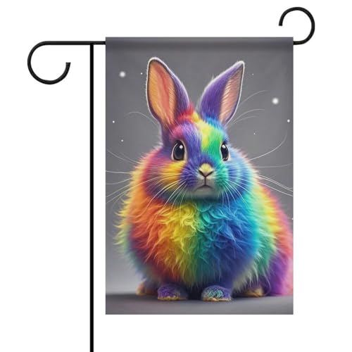 Regenbogen-Hasen-Sommer-Gartenflagge, doppelseitig, 30,5 x 45,7 cm, Gartenflaggen, saisonale Willkommensflagge, Dekoration für den Außenbereich von DWTJKMS