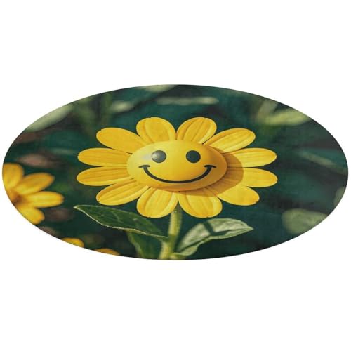 Runder Teppich mit gelbem Smiley-Blumen-Design, weich, saugfähig, für Eingangsbereich, rutschfeste Teppiche, Bauernhaus, für Vorder- und Hintertür, 80 x 80 cm, für Schlafzimmer, Wohnzimmer von DWTJKMS