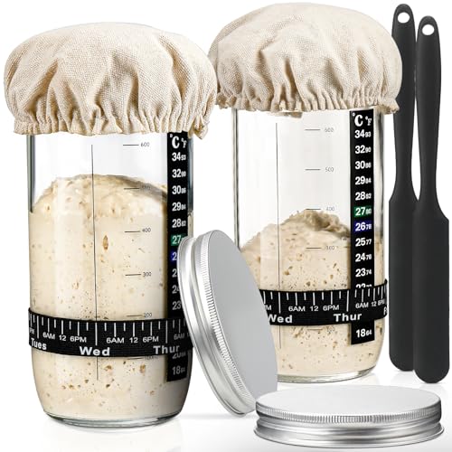 DWTS DANWEITESI Sauerteig-Starterglas mit Datumsmarkierung und Thermometer, wiederverwendbar (24oz-2pcs) von DWTS DANWEITESI