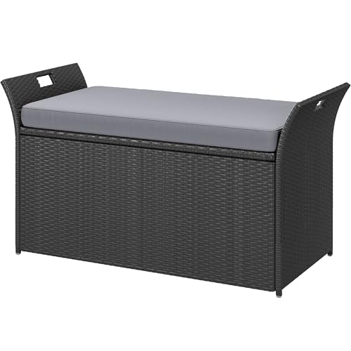 DWVO Aufbewahrungsbank für den Außenbereich, Rattan-Deck-Box mit Kissen, Außenbank für Terrasse, Hof, Pool, Garten, Schwarz und Grau DWVO Aufbewahrungsbank für den Außenbereich, Rattan-Deck-Box mit Kissen, Außenbank für Terrasse, Hof, Pool, Garten, Schwarz und Grau von DWVO