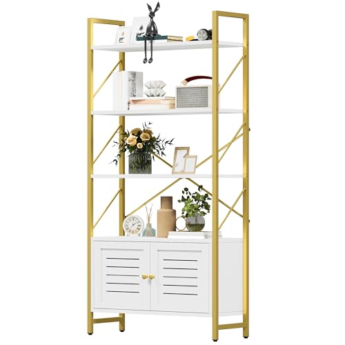 DWVO Bücherregal, Weiß & Gold, 5 Regalböden, Aufbewahrungsschrank mit Türen, modernes Bücherregal für Büro & Zuhause, kompaktes Ausstellungsregal, langlebiges Design DWVO Bücherregal, Weiß & Gold, 5 Regalböden, Aufbewahrungsschrank mit Türen, modernes Bücherregal für Büro & Zuhause, kompaktes Ausstellungsregal, langlebiges Design von DWVO