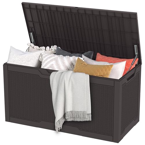 DWVO Gartenbox Auflagenbox Aufbewahrungsbox Kissenbox Outdoor Gartentruhe|Moderne Rattan|Wasserdicht Gasdruckfeder|Für Sitzauflagen Gartengeräte & Kinderspielzeug|380 Liter 115.4x55x58.3cm|Dunkelbraun DWVO Gartenbox Auflagenbox Aufbewahrungsbox Kissenbox Outdoor Gartentruhe|Moderne Rattan|Wasserdicht Gasdruckfeder|Für Sitzauflagen Gartengeräte & Kinderspielzeug|380 Liter 115.4x55x58.3cm|Dunkelbraun von DWVO