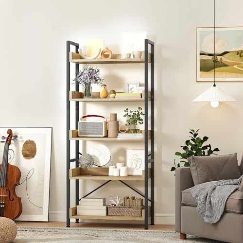 DWVO Hohes Bücherregal mit 5 Ebenen, bodenstehendes industrielles 64 cm breit, 160 cm hoch, großes Holzregal und Metallregal für Wohnzimmer, Zuhause, in Eichenfarbe DWVO Hohes Bücherregal mit 5 Ebenen, bodenstehendes industrielles 64 cm breit, 160 cm hoch, großes Holzregal und Metallregal für Wohnzimmer, Zuhause, in Eichenfarbe von DWVO