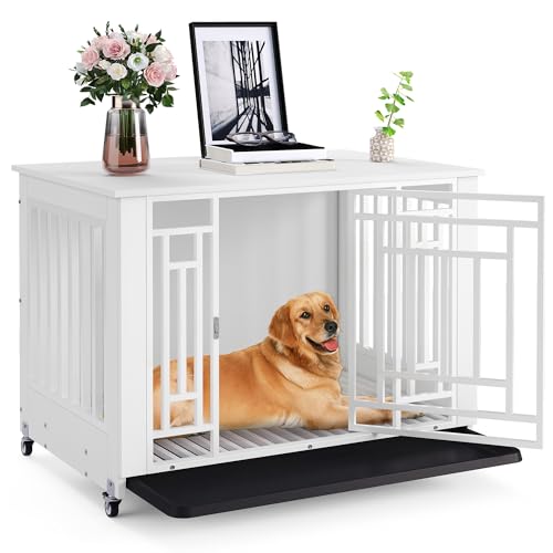 DWVO Hundekäfig Möbel mit Rädern, 38 Zoll Hundehütte Indoor Heavy Duty Endtisch Hundebox für Große Mittlere Hunde, Dekorativer Holz Hundekäfig Tisch mit Abnehmbarem Tablett, Kaufest, Weiß von DWVO
