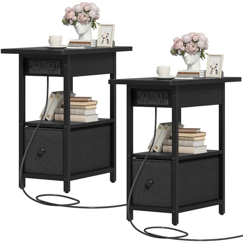 DWVO Nachttisch 2er Set Schmal Beistelltisch mit Steckdose und Stoffschublade, Nachtschrank mit USB-Anschlüssen, Flip-Top Sofatisch Schwarz für Wohnzimmer, Schlafzimmer DWVO Nachttisch 2er Set Schmal Beistelltisch mit Steckdose und Stoffschublade, Nachtschrank mit USB-Anschlüssen, Flip-Top Sofatisch Schwarz für Wohnzimmer, Schlafzimmer von DWVO