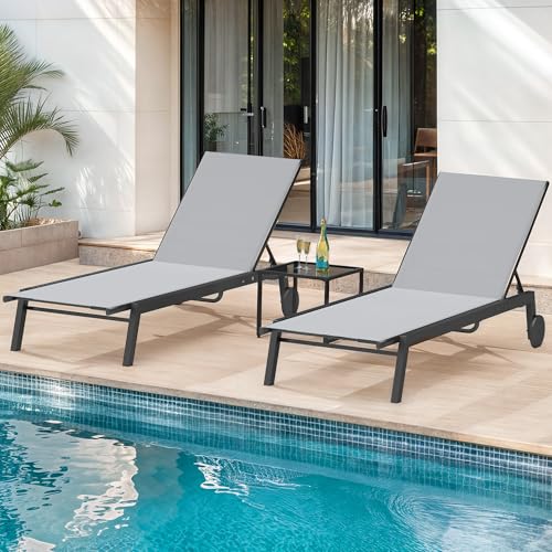 DWVO Outdoor Chaiselongue Set, 2 Terrasse Chaiselongue Stühle mit Beistelltisch, Textil Pool Liegen mit 5 Ebenen Rückenlehne und Rollen für Strand, Rasen, Veranda, Garten (Grau) von DWVO
