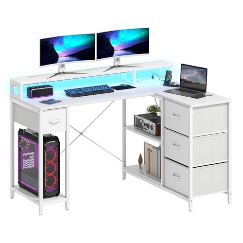 DWVO Schreibtisch L Form, 140x100x85cm Eckschreibtisch Reversibel mit 4 Schubladen&Monitorablage, Tisch L Form mit 2 USB-Ladeanschluss&2 Steckdose für Homeoffice, Weiß von DWVO