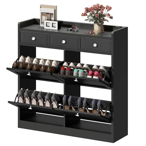 DWVO Schuhschrank Schwarz mit 4 Klappen, Schuhschrank, Schuhregal Schuhkipper Schmal, Shoe Cabinet Schuhkommode mit Schublade für Eingangsbereich, Flur von DWVO