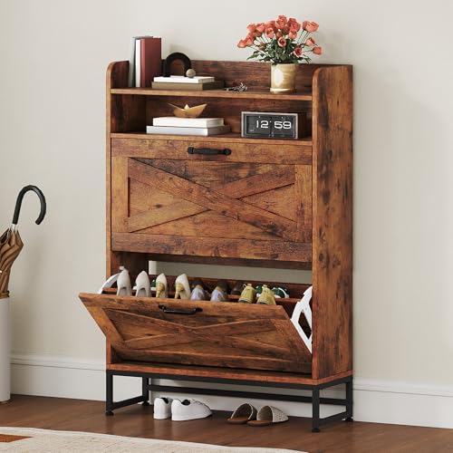 DWVO Schuhschrank mit 2 Klappschubladen & offenen Regalen – Rustikaler brauner Schuhaufbewahrung aus Holz für Flur, Wohnzimmer, Schlafzimmer – schmaler bodenstehender Schuhschrank (24 x 64 x 114 cm) von DWVO