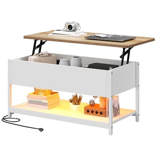 DWVO Wohnzimmertisch Höhenverstellbar mit Steckdose und 16-farbigem LED-Lichtstreifen, Couchtisch mit Verstecktem Stauraum für Wohnzimmer, Schlafzimmer und Büro, 100x50x(49-63.5) cm von DWVO