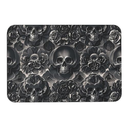 Badematte mit schwarzer Pfingstrose, Rosen, Totenkopf-Design, absorbiert Feuchtigkeit und Schmutz, Fußmatte mit rutschfester Gummi-Unterseite, Bodenmatte passt unter die Tür, für Badezimmerboden von DWVSFJM