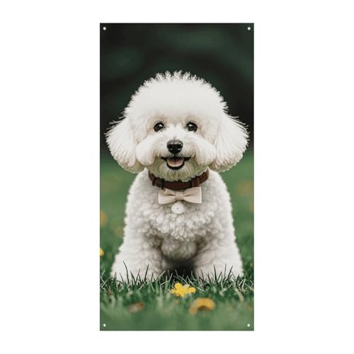 Bichon Frisé Hund auf dem Gras Türvorhang Banner Wandbehang Banner Hintergrund Augenbinde Vorhang Willkommen Eingang Schild für Partys Festliche Feiern von DWVSFJM