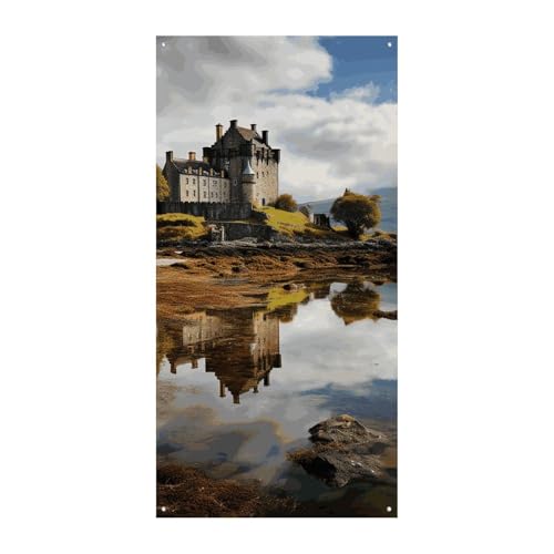 Schottland Castle Water Lake Schottischer Türvorhang Banner Wandbehang Banner Hintergrund Augenbinde Vorhang Willkommen Eingang Schild für Partys Festliche Feiern von DWVSFJM