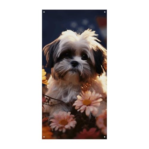 Shih Tzu Türabdeckung mit Hund und Blumen, 90 x 180 cm, Party-Banner, saisonales Willkommensschild, vertikale Dekoration, Türaufhängung für Veranda, Eingang, Gartendekoration von DWVSFJM