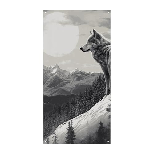 Snow Mountain Lone Wolf Türvorhang Banner Wandbehang Banner Hintergrund Augenbinde Vorhang Willkommen Eingang Schild für Partys, Festliche Feiern von DWVSFJM