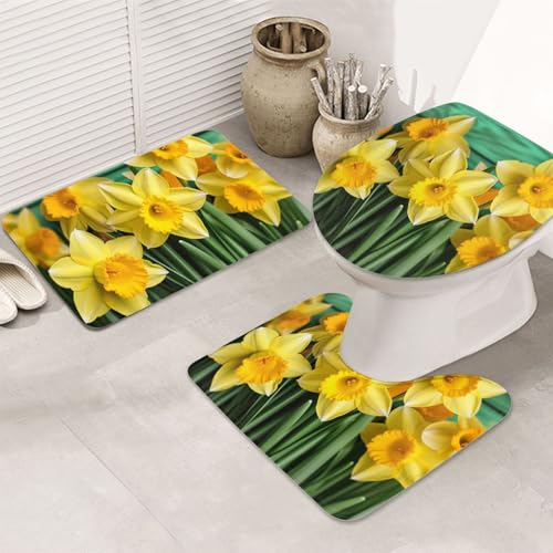 Badezimmerteppich-Set mit gelben Narzissen und Blumen, 3-teilig, rutschfeste Duschmatten mit U-förmiger Kontur, WC-Vorleger, saugfähige Mikrofaser, waschbar, Badezimmer-Fußmatten für Badewanne von DWVTFSM