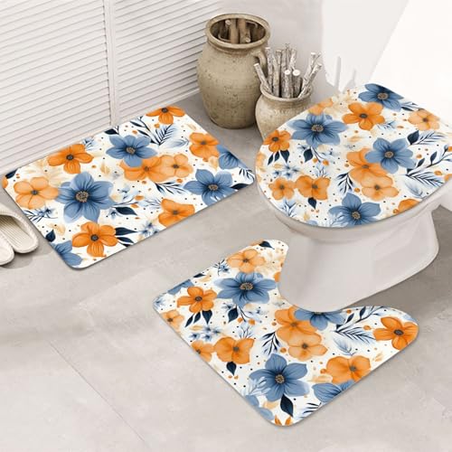 DWVTFSM Badezimmerteppich-Set mit blauen und orangen Blumen, 3-teilig, rutschfeste Duschmatten mit U-förmiger Kontur, WC-Vorleger, saugfähige Mikrofaser, waschbar, Badezimmer-Fußmatten für Badewanne von DWVTFSM