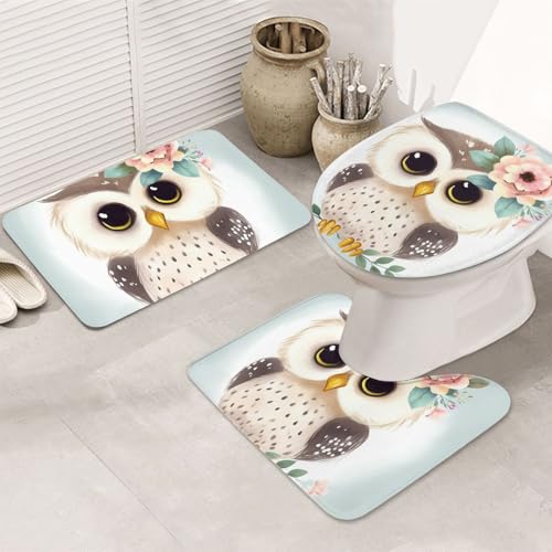 DWVTFSM Badezimmerteppich-Set mit niedlicher Eule mit Blumen, 3-teilig, rutschfeste Duschmatten mit U-förmiger Kontur, WC-Vorleger, saugfähige Mikrofaser, waschbar, Badezimmer-Fußmatten für Badewanne DWVTFSM Badezimmerteppich-Set mit niedlicher Eule mit Blumen, 3-teilig, rutschfeste Duschmatten mit U-förmiger Kontur, WC-Vorleger, saugfähige Mikrofaser, waschbar, Badezimmer-Fußmatten für Badewanne von DWVTFSM