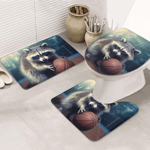 Lustiges Waschbär-Basketball-Badezimmerteppich-Set – 3-teiliges rutschfeste Duschmatten mit U-förmiger Kontur-WC-Vorleger, saugfähige Mikrofaser, waschbare Badezimmer-Fußmatten für Badewanne von DWVTFSM