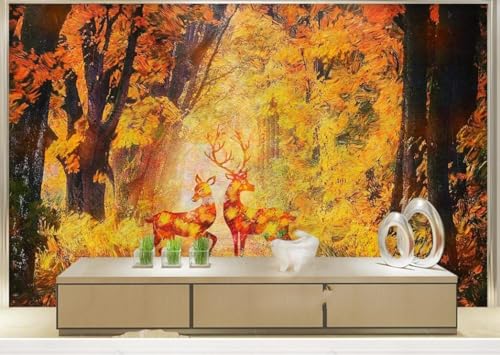 Fototapete 3D Effekt Golden Maple Leaf Forest Ölgemälde Landschaft Hintergrund Wand, L 350x250cm, Wanddeko, Wandbild, Wandtapete von DWwallpaper