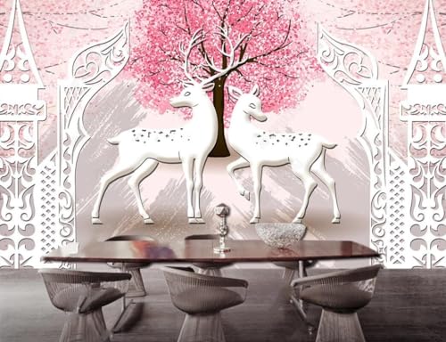 Fototapete 3D Effekt Handgemalte Rote Kirschblüte Baum Elch Tier 200x140cm, Wanddeko, Wandbild, Wandtapete von DWwallpaper