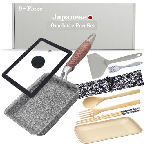 DXBVIEX Tamagoyaki-Pfannen-Set, japanische Omelett-Pfanne, antihaftbeschichtet mit Deckel, quadratisch, japanische Eierpfanne, rechteckig, 17,8 x 12,7 cm, Grau, 9-teilig von DXBVIEX
