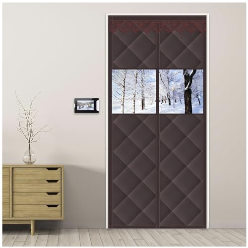 DXDRT Magnet Thermo Türvorhang Kälteschutz mit Sichtbarem Fenster, Winddicht Wasserdicht Wärmeschutzvorhang für Tür im Winter Isolierschutzvorhang Gegen Kälte Hitze,Braun,WxH 110X200CM von DXDRT