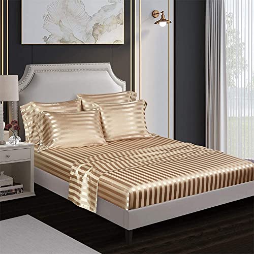 Bettlaken 160x200 Boxspringbett Frottee Braun Gold Taupe Seide Glänzend Satin Spannbettlaken Spannleintuch 160 x 200 Doppelbett Uni Muster Leintuch für Hohe Matratze Hoher Steg bis 25-30 cm von DXHOME