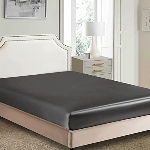 Bettlaken Spannbettlaken 90x200 Anthrazit Grau Boxspringbett Satin Bettlaken Leintuch Glänzend Seide Spannbetttuch 90 x 200 Uni Muster Hochwertiges Spannleintuch für Hohe Matratze bis 25-30 cm von DXHOME