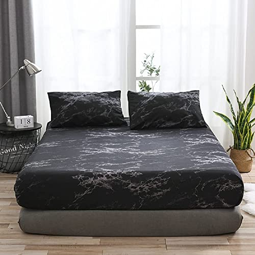 Bettlaken Spannbettlaken Marmor Muster 180x200 Schwarz Weiß Boxspringbett Microfaser Bettlaken Jersey Spannbetttuch Leintuch Muster Hochwertiges Spannleintuch für Hohe Matratze bis 25-30 cm von DXHOME