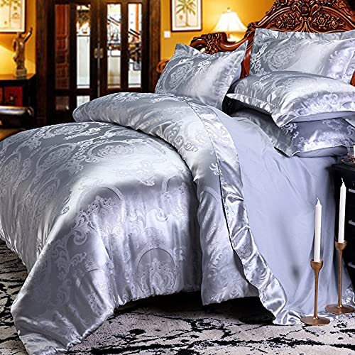 DXHOME Bettwäsche 135x200 cm 4teilig Silver Grau Hellgrau Blumen Blumenmuster Satin Deckenbezug Glatt Luxus Jacquard Bettbezug Luxuriös Romantisch Wendebettwäsche Set von DXHOME