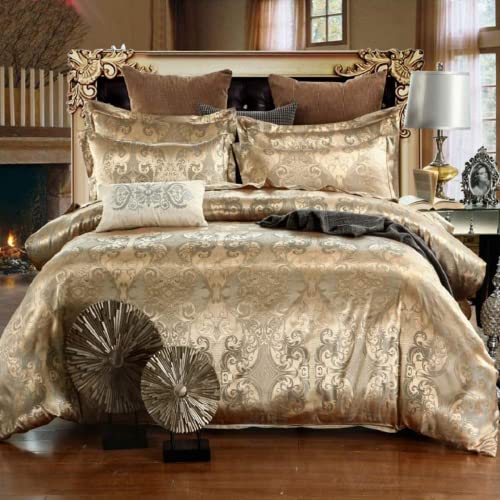 DXHOME Bettwäsche 135x200 cm Gold Beige Seide Satin Bettbezug Set 2teilig Glatt Glänzend Wendebettwäsche Microfaser Zweiteilig Jacquard Blumenmuster Bettwäschegarnitur Einzelbett mit Reissverschluss von DXHOME