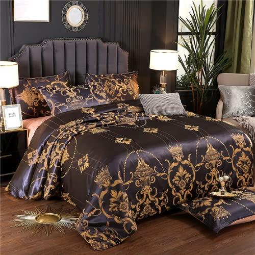 Bettwäsche 135x200 cm Schwarz Gold Seide Satin Bettbezug Set 2teilig Glatt Glänzend Wendebettwäsche Microfaser Zweiteilig Jacquard Blumenmuster Bettwäschegarnitur Einzelbett mit Reissverschluss von DXHOME