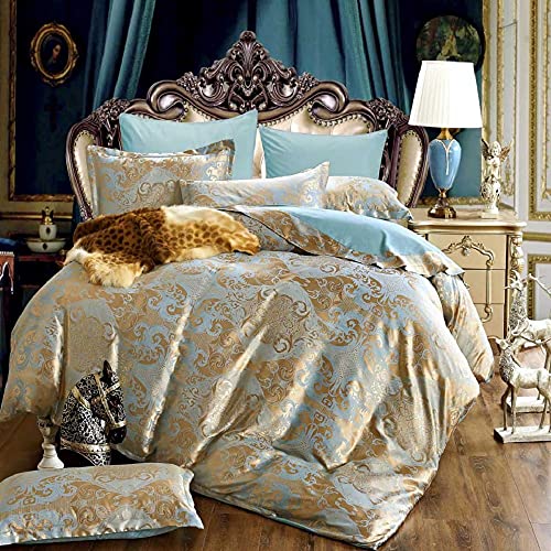 DXHOME Bettwäsche 155x220 cm Gold Blau Satin Wendebettwäsche Jacquard Bettwaesche mit Golden Blumen Romantisch Muster Reissverschluss 3 TLG Microfaser Bettbezug Muster Paare Set Ornamente von DXHOME