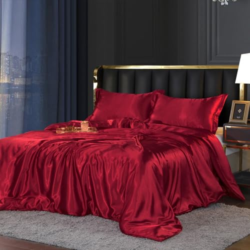 Bettwäsche Rot 220x240 Satin Blau Glänzend Seide Glatt Einfarbig Glanzsatin Bettwäsche Bettbezug Doppelbett Set Luxus Microfaser Rote Bettwäscheset mit Reissverschluss und Kissenbezüge 80x80 cm von DXHOME