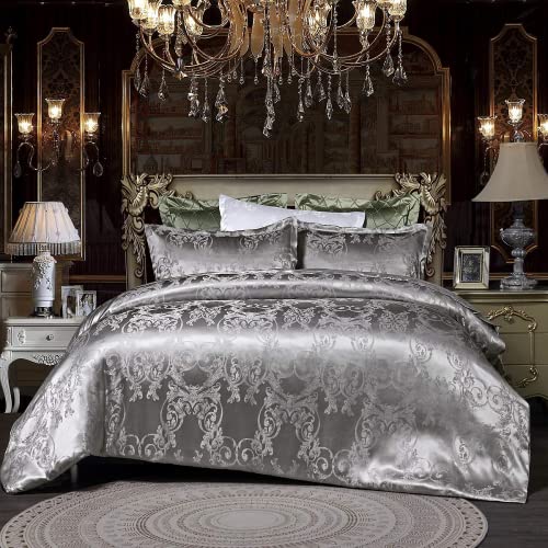 DXHOME Bettwäsche Satin 155x220 cm 3teilig Jacquard Silber Wendebettwäsche mit Dunkelgrün Blumen Romantisch Muster Reissverschluss Microfaser Seide Graue Bettbezug Muster Paare Set Ornamente von DXHOME