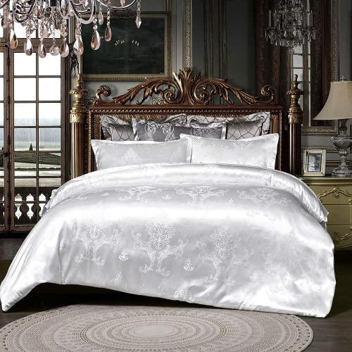 DXHOME Bettwäsche Seide 220x240 Microfaser Weiß Jacquard Satin Weiss Wendebettwäsche 3 TLG Blumen Seiden Bettbezug Set doppelbett - 1 Bettbezug 200x220 cm + 2 Kissenbezüge 80 x 80 cm von DXHOME