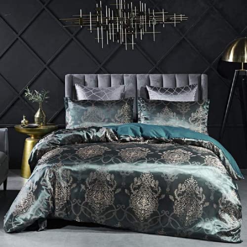 Bettwäsche Seiden 135x200 cm Dunkelgrün Satin Bettbezug Set 2teilig Grüne Wendebettwäsche Seide Microfaser Zweiteilig Jacquard Blumenmuster Stickerei Bettwäschegarnitur Einzelbett mit Reissverschluss von DXHOME