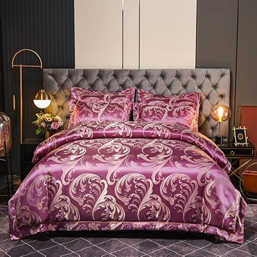 DVHOME Bettwäsche Satin 135x200 cm 4teilig Muster Lila Violett Blumen Barock Muster Glänzend Jacquard Wendebettwäsche Mikrofaser Bettbezüge mit Reißverschluss und 2 Kissenbezügen 80×80 cm von DXHOME