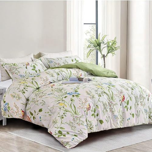 DXHOME 200x200 Bettwäsche Blumen Grün Weiß Weiche Mikrofaser Deckenbezug Romantisch Kuschelige Wendebettwäsche Mädchen Bettbezug mit Reißverschluss und 2 Kissenbezüge 80 x 80cm von DXHOME