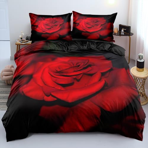 DXHOME 200x200cm Blumen Bettwäsche Schwarz Rot Romantische Rosen-Blume Bedruckte Pflanzen Weiche Mikrofaser Elegant Bettbezug Bettbezug mit Reißverschluss und 2 Kissenbezüge 80 x 80cm von DXHOME