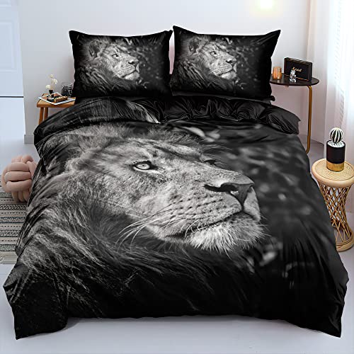 DXHOME 3D Bettwäsche 135x200 4 teilig Löwe Lion Tiermotiv Wendebettwäsche Weich Schwarz Grau Mikrofaser Bettwäsche für Jugendliche Kinder Einzelbett mit Reißverschluss und 2 Kissenbezüge 80x80 cm von DXHOME