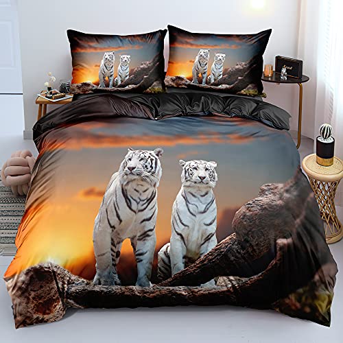 DXHOME 3D Bettwäsche 135x200 4 teilig Tiermotiv Tiger Wendebettwäsche Weich Flauschige Gelb Weiß Mikrofaser Bettwäsche für Jungen Kinder Einzelbett mit Reißverschluss und 2 Kissenbezüge 80x80 cm von DXHOME