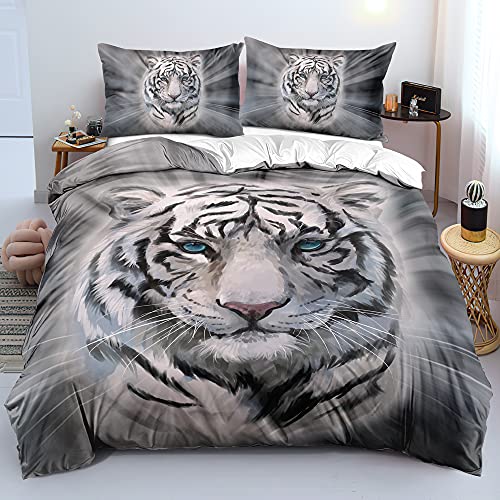 DXHOME 3D Bettwäsche 135x200 4 teilig Tiger Tiermotiv Wendebettwäsche Weich Flauschige Weiß Grau Mikrofaser Bettwäsche für Jugendliche Kinder Einzelbett mit Reißverschluss und 2 Kissenbezüge 80x80 cm von DXHOME